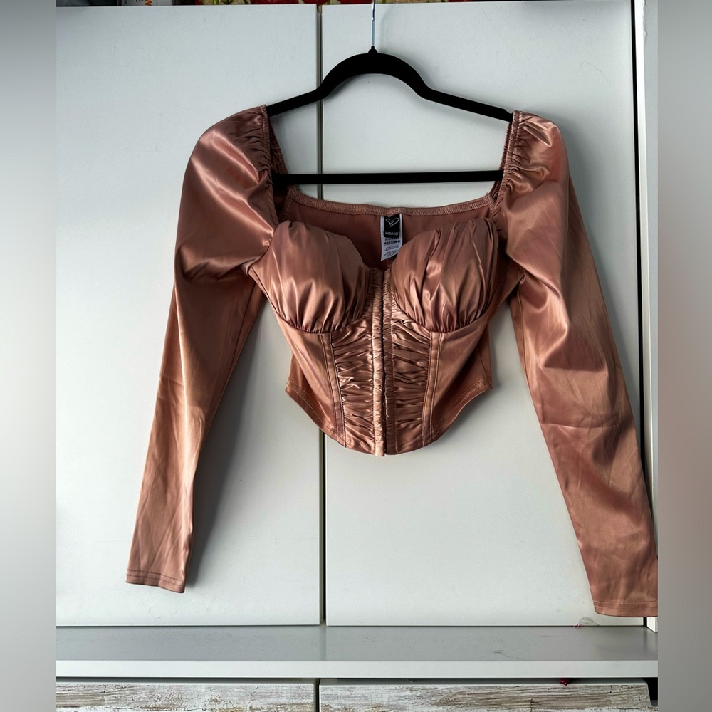 💖 Windsor Rose Gold Satin Corset Crop Top Puff Sleeve Small